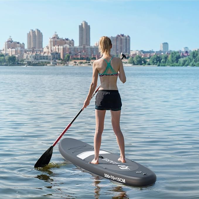 Inflatable Stand Up Paddle Board with SUP Accessories & Backpack. Paddle Boards for Adults. Non-Slip Deck, Wide Stance, Bottom Fin, Double Action Pump.