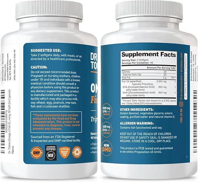 Dr. Tobias Omega 3 Fish Oil, 2000mg Triple Strength with 800mg EPA 600mg DHA Per Serving, Fish Oil Omega 3 Supplements for Heart, Brain & Immune Support, 90 Softgels, 45 Servings