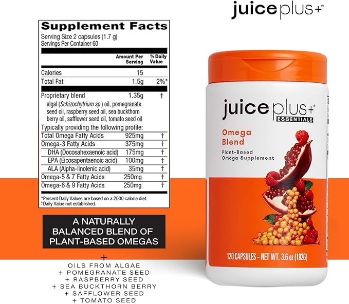 Juice Plus+ Omega Blend - Vegan, Fish-Less, No Aftertaste - Omega 3, 5, 6, 7 & 9 Fatty Acids from Algae & Seeds - DHA, ALA & EPA for Brain & Vision - 1 Bottle (60 Servings)