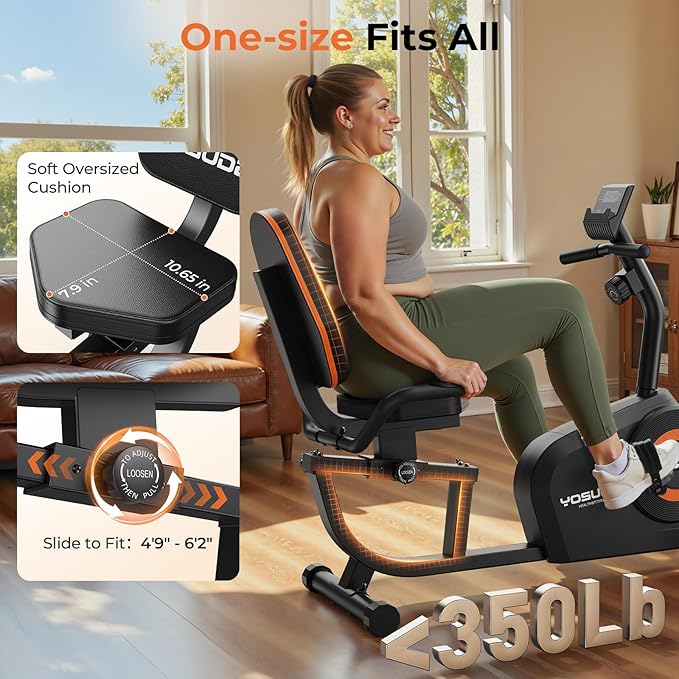 YOSUDA Recumbent Exercise Bike for Home，Magnetic Staionary Bike for Seniors/Adults with Adjustable Seat, 350LB Capacity, 16-level Resistance, LCD Monitor & Pulse Sensors