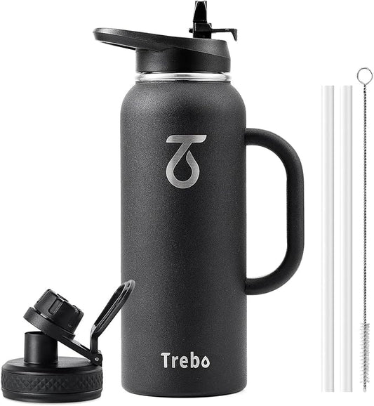 Trebo 40oz Water Bottle Insulated with Handle, Stainless Steel Metal Large Jug,Travel Flask with Straw Spout Lid,Mug Tumbler Cup with Carry Pouch,Keep Cold Hot, Indigo Black