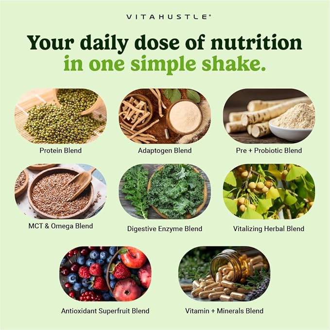 VitaHustle ONE Superfood Lean Protein Powder, All-in-One Nutrition Shake, 10g Plant Protein, Multivitamins, Ashwagandha, Low Calorie, Postbiotics, 15 Servings