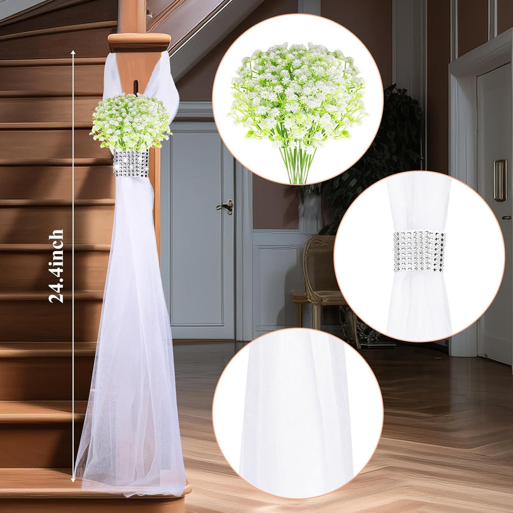 Olgaa Wedding Aisle Decorations for Ceremony Set of 24 Wedding Chair Pew Flowers Church Decorations with Artificial Baby’s Breath and Rhinestone for Weddings Party Bench Aisle (Baby’s Breath)