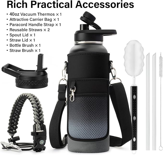 Insulated Water Bottle | Thickened Stainless Steel Vacuum Metal | Portable Sports Water Jug for Gym and Hiking with Straw, Carrier Bag, Handle Strap | BPA-Free 40 oz