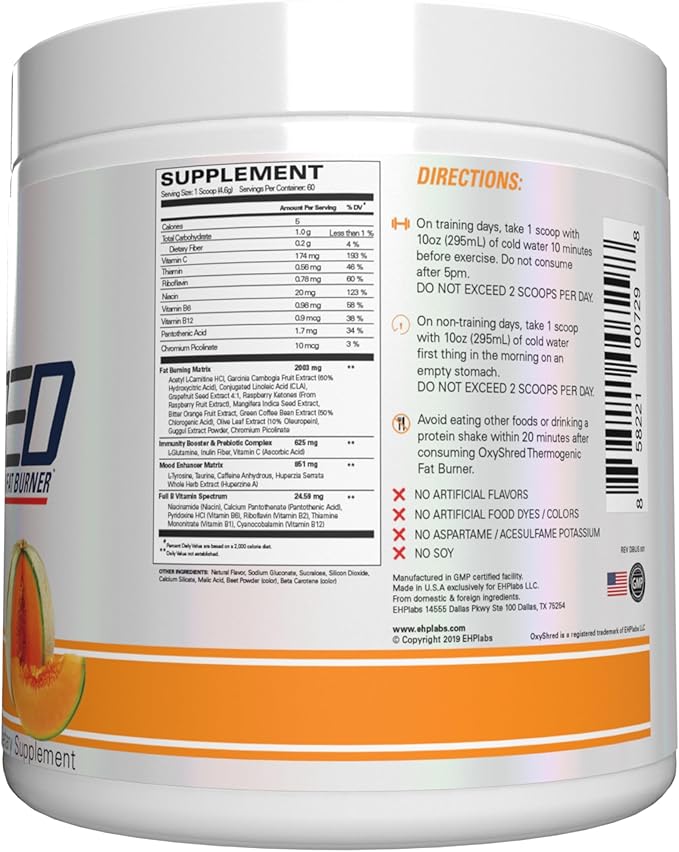 EHP Labs OxyShred Pre Workout Powder & Shredding Supplement - Preworkout Powder with L Glutamine & Acetyl L Carnitine, Energy Boost Drink - Wild Melon, 60 Servings