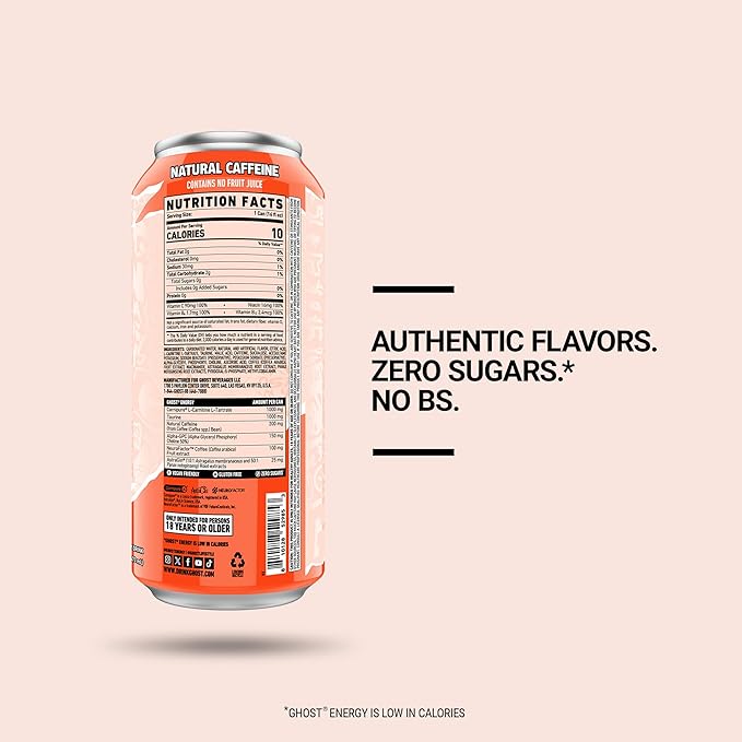 GHOST Energy Drink - 12-Pack, Peaches, 16oz - Energy & Focus & No Artificial Colors - 200mg of Natural Caffeine, L-Carnitine & Taurine - Gluten-Free & Vegan