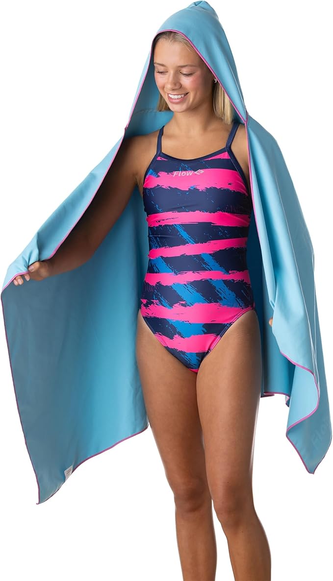 Flow Hydro Sport Towel - Microfiber Quick Dry Swimming Towels for Swim, Pool, Triathlon, and Other Water Sports in Medium, Large, Extra Large, and Hooded Sizes (Aqua, Large w/Hood)