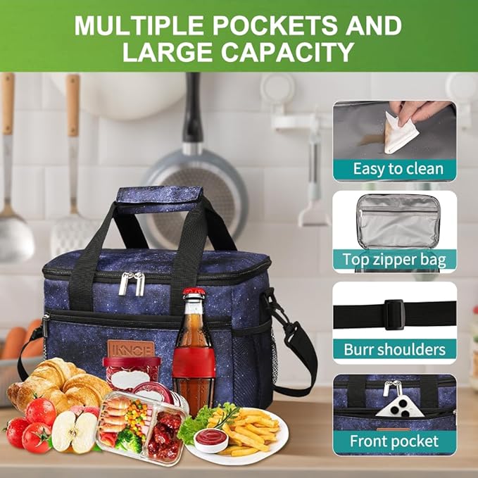 iknoe Large Foldable Cooler Bag, 8.5L Insulated Lunch Bag, Leakproof Lunch Cooler Tote with Multi-Bag Design Suitable for Beach, Picnic and Office Use, Galaxy 15-Can