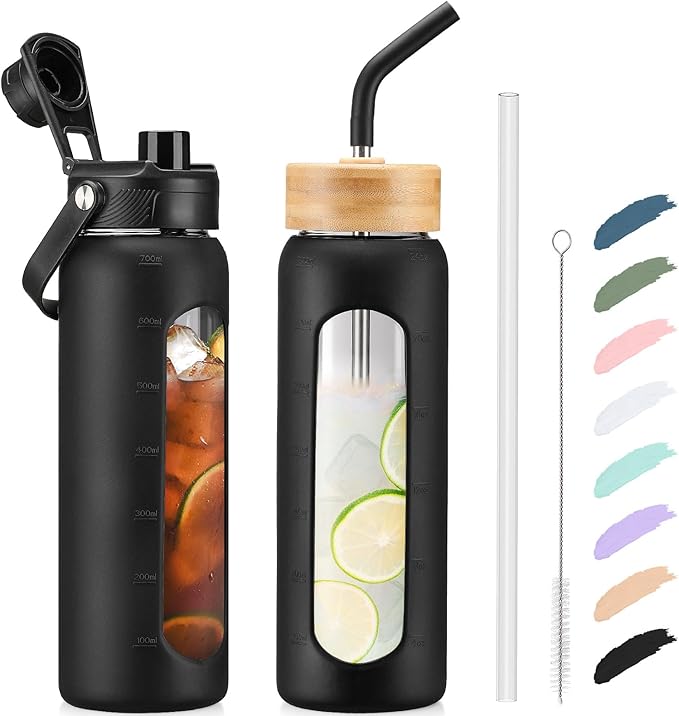 Kodrine Water Bottle with Straw, 24 oz Glass water Bottle with 2 Lids Bamboo Straw Lid and Spout Lid with Handle, 32 oz Clear Water Bottle Glass for Sports Travel, Waterbottle with Time Marker