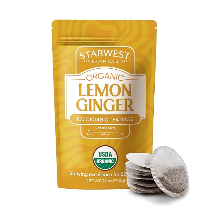 Starwest Botanicals Organic Lemon Ginger Tea - Caffeine Free Herbal Blend for Women & Men, Lemongrass, Ginger Root, & Peppermint Leaf, String Free Sachets, Non GMO - Bulk Pack, 100 Tea Bags