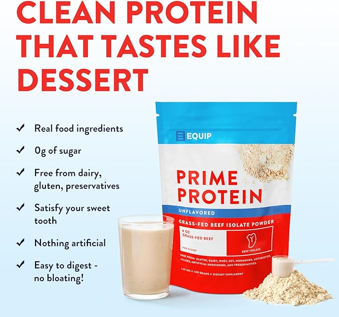 Equip Foods Prime Protein Powder | Clean, Grass Fed Beef Protein Isolate | Carnivore Protein Powder | Paleo, Keto Friendly | Gluten, Dairy Free | Helps Build & Repair Tissue | 30 Servings, Unflavored