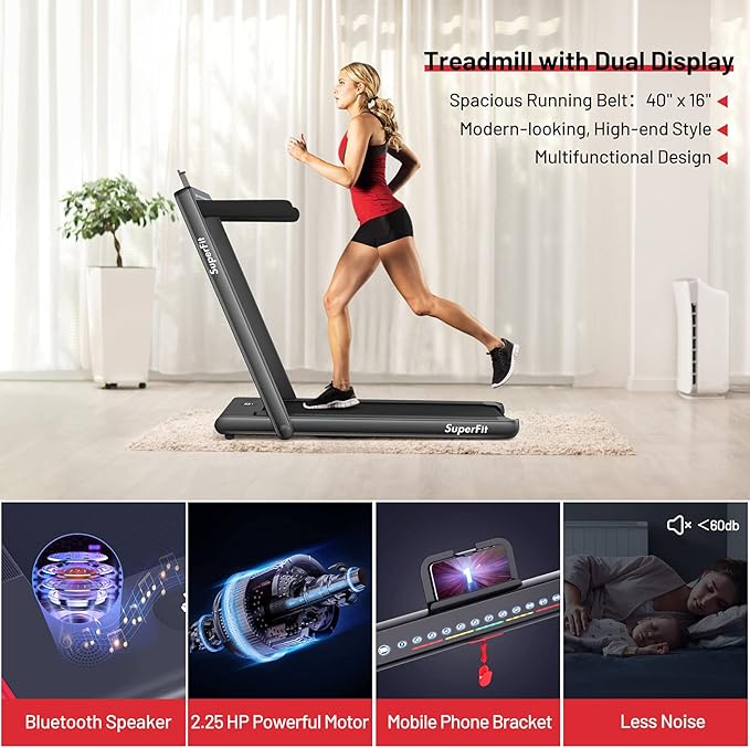 GYMAX Walking Pad, Dual LED Display 2 in 1 Under Desk Treadmill for Home with Remote & Smart App Control, 2.25HP Foldable Portable Treadmill Running Machine for Office Small Space