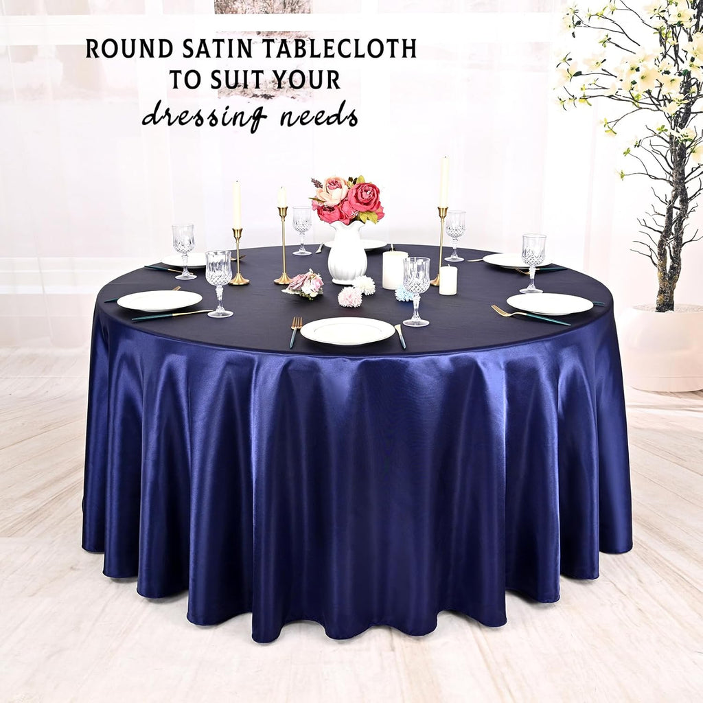 10 Packs Satin Tablecloth 120 Inch Navy Blue Round Table Cloth Silk Tablecloth Smooth Fabric Overlay Satin Table Cover Decoration for Wedding Party Banquet Events