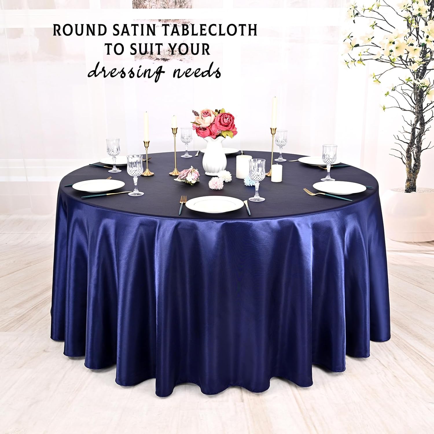 10 Packs Satin Tablecloth 120 Inch Navy Blue Round Table Cloth Silk Tablecloth Smooth Fabric Overlay Satin Table Cover Decoration for Wedding Party Banquet Events