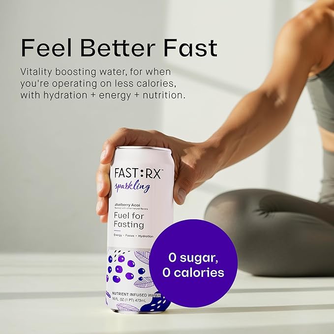 FASTRX Blueberry Acai Sparkling Fasting Electrolyte Drink – Hunger Suppressant, Includes Essential Electrolytes and Vitamins, De-Sugared Lemon Juice – Zero Sugar, 16 Fl Oz, Pack of 12