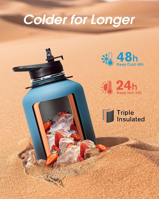 Coolflask 64 oz Water Bottle Insulated with Strap, Half Gallon Water Jug Stainless Steel with Straw & Spout Lids, Metal Large Water Flask, Keep Cold 48h Hot 24h, Leak Proof & Non-BPA, Prussian Blue