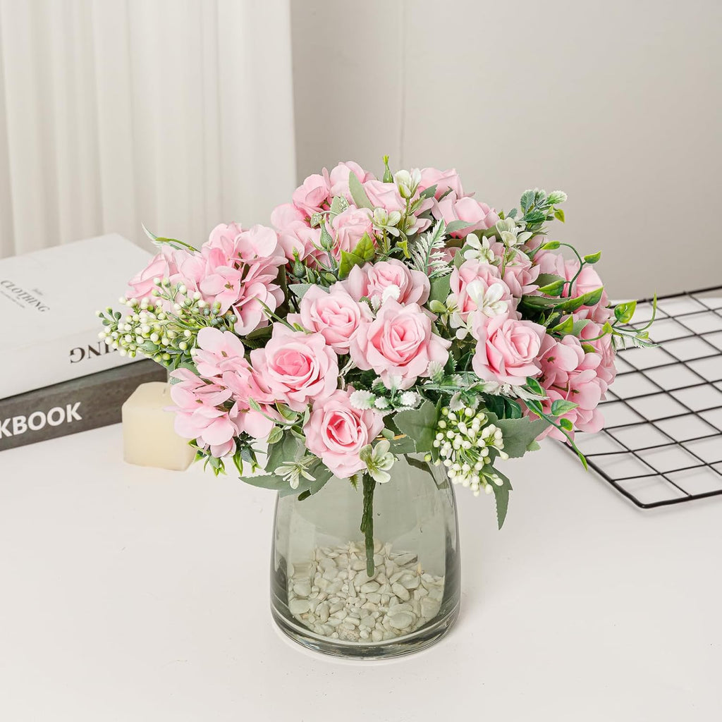Artificial Flower 5 Branches Artificial Silk Fake Flowers Bouquet Small Roses for Wedding Home Office Tables Decor 2 Packs(Pink)