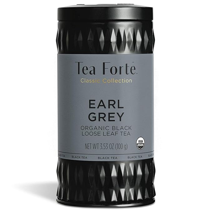 Tea Forte Earl Grey Premium Organic Loose Leaf Caffeinated Black Tea Blend Canister, Makes 35-50 Cups