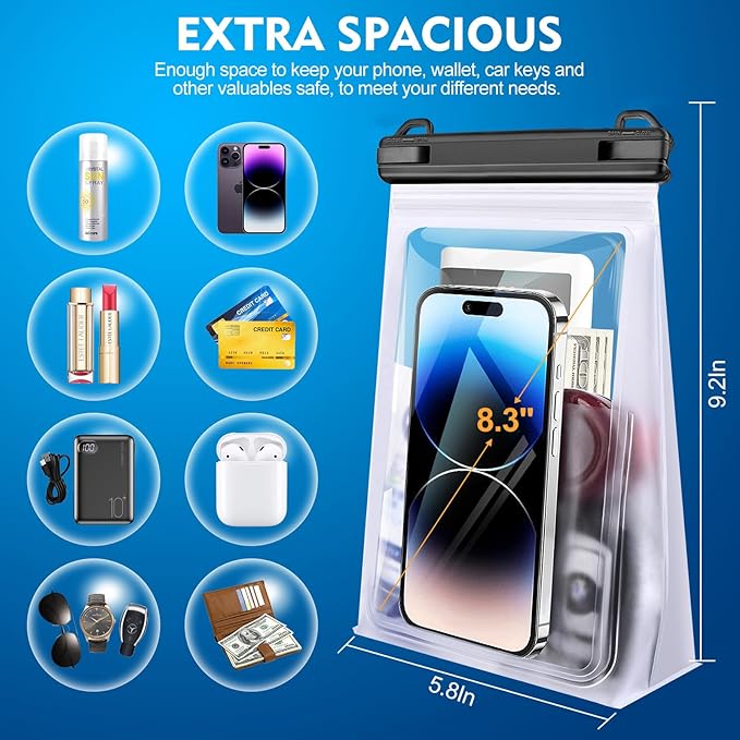 Large Waterproof Phone Pouch [with Sealing Strip], Cell Phone Dry Bag for iPhone 16 15 14 13 Pro Max Galaxy S25 S24 S23 S22 All Devices, Floating Water Proof Bag for Beach Water Park White