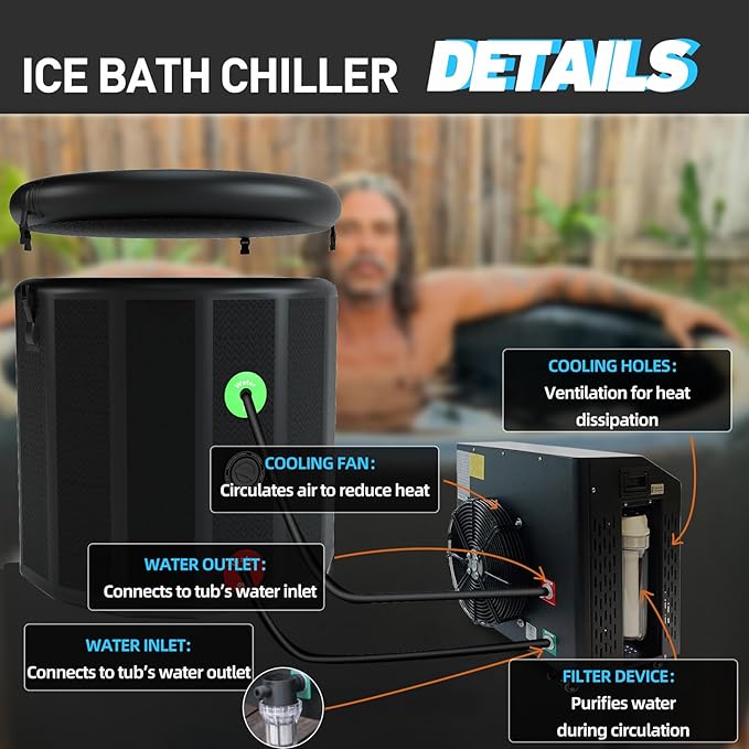 Inflatable Cold Plunge Tub with Chiller, 1 HP Water Chiller for Ice Bath Tub, Hot & Cold Mode Machine with Ozone, Smart WiFi, Dual Filters, Fast Cooling, 130 Gallon, 39" L x 39" W x 35.4" H