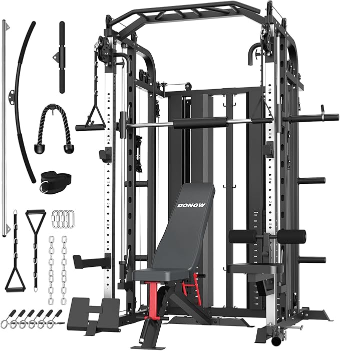 DONOW Smith Machine with Weight Stacks Power Cage Squat Rack Dual Cable Crossover Machine Home Gym Systems Station LAT Pull Down