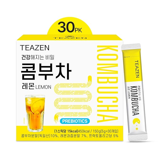 TEAZEN Lemon Kombucha Tea, Hydration Drink Mix, Sugar Free, Live Probiotics & Prebiotics, 30 Sticks, 5.29oz