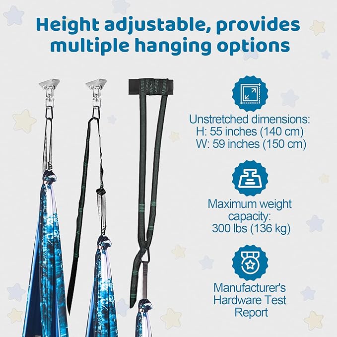 Double Layer Sensory Swing for Kids & Adults Holds up to 300lbs Indoor and Outdoor Therapy Cuddle Swing with 360° Swivel Hanger Kit Adjustable with Aspergers Autism ADHD (Ice Teal)