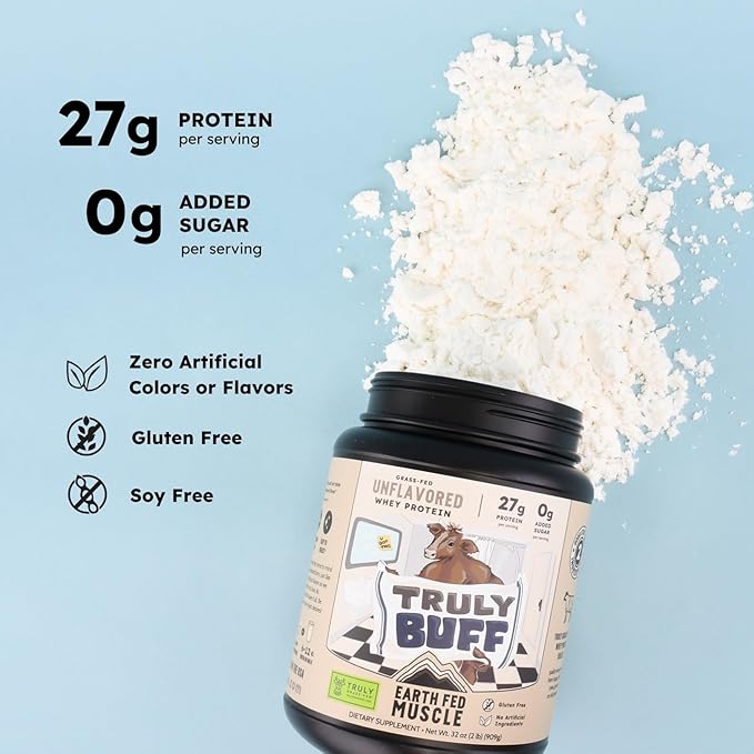 Earth Fed Muscle Truly Buff Truly Grass Fed Whey Protein Isolate - No Artificial Ingredients, Soy Free, Gluten Free, Non-GMO and Hormone Free (2 Pound, 30 Servings, Unflavored)