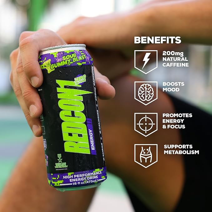 REDCON1 Energy High Performance Drink, Sour Gummy Blast - Zero Sugar Energy Drink with Alpha GPC Nootropic - 200mg Natural Caffeine from Green Coffee Beans - Vitamin B6, B12 & B5 to Boost Mood (12 ct)