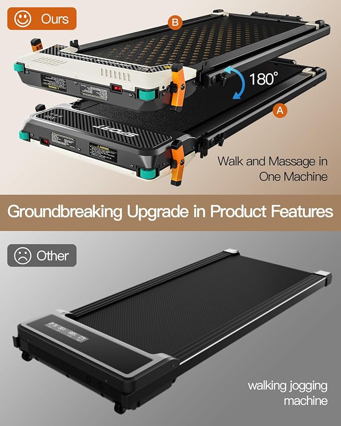 FUNRAY Versatile Walking Pad Treadmill with Incline - Dual-Sided Under Desk Treadmill with Foot Massage,2 in 1 Walking Machine for Home/Office with 330LBS Weight Capacity