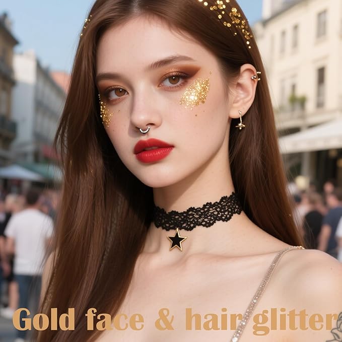 Gold Hair Glitter Stick,Yellow Body Face Glitter Singer Concert Outfits for Women,Rave Accessories Carnival Chunky Sequins,Waterproof Shimmer Body Paint for Kids