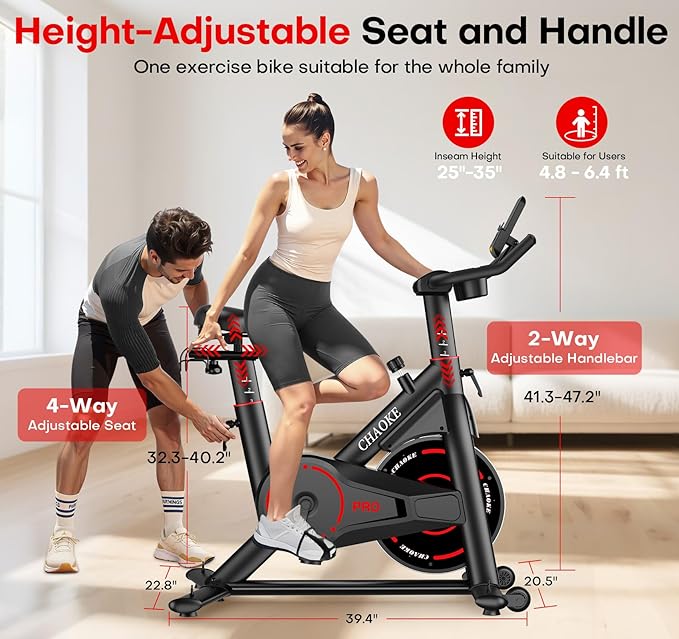 Exercise Bike, CHAOKE Quiet Magnetic Resistance 300LB Capacity Stationary Bike for Home with App Compatible, Indoor Bike with Comfortable Seat and Digital Display