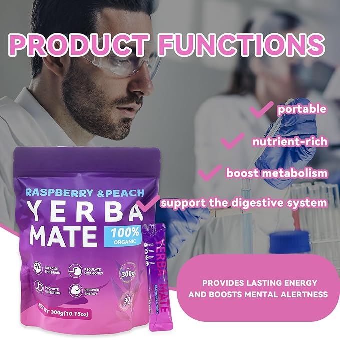 Yerba Mate Instant Tea Powder - Raspberry Peach Flavor - Gut Health & Clean Energy Super Drink with Nootropics, Prebiotics & Probiotics - Energy Boost & Focus - 30 Sticks (300g)