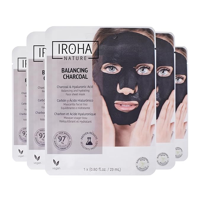 IROHA NATURE Face Masks - Packs for Better Skin (Pack of 5, Rebalancing & Hydrating Tissue Face Mask with Charcoal & Hyaluronic Acid)