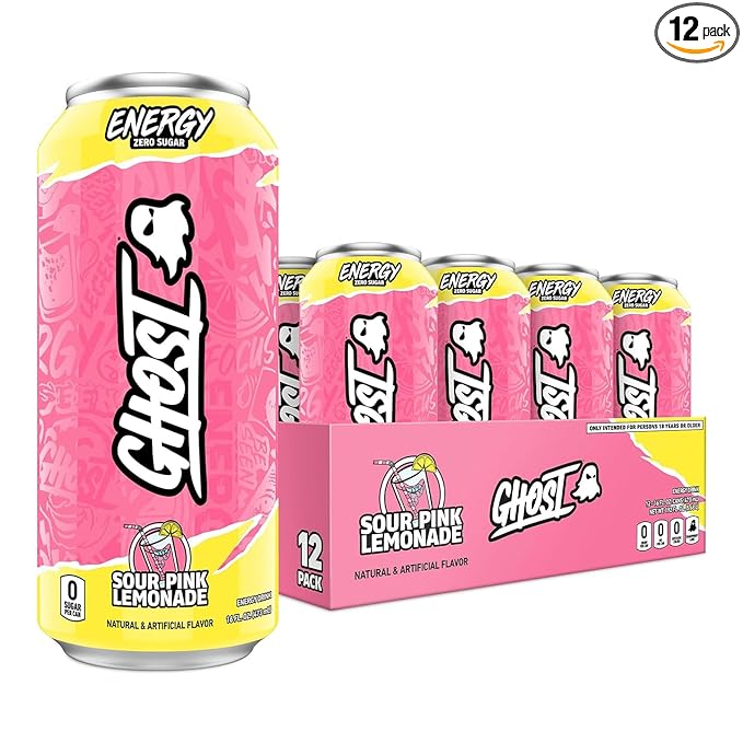GHOST Energy Drink - 12-Pack, Sour Pink Lemonade, 16oz Cans - Energy & Focus & No Artificial Colors - 200mg of Natural Caffeine, L-Carnitine & Taurine - Gluten-Free & Vegan