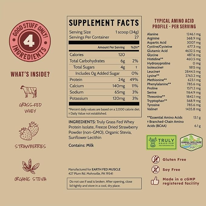 Earth Fed Muscle Strawberry Feels (Forever) – Irish Truly Grass‑Fed Whey Protein Isolate, No Sugar, Soy‑Free, Gluten‑Free (2 lb, 29 Servings, Strawberry)