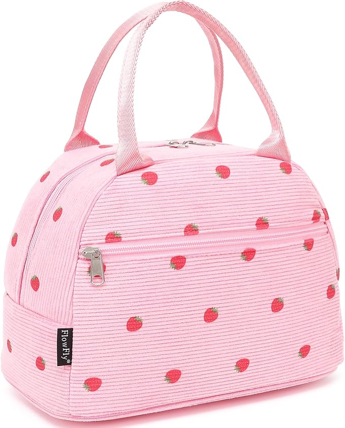 FlowFly Insulated Lunch Bag for Women – Corduroy Lunch Tote Box, Cute Cooler Bag for Work, Travel, Picnic,Corduroy Strawberries RoseRed