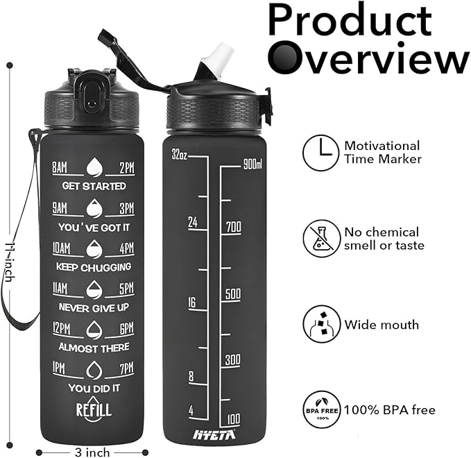 Hyeta 32 oz Water Bottles with Times to Drink and Straw, Motivational Water Bottle with Time Marker, Leakproof, Drinking Sports Water Bottle for Fitness, Gym and Outdoor
