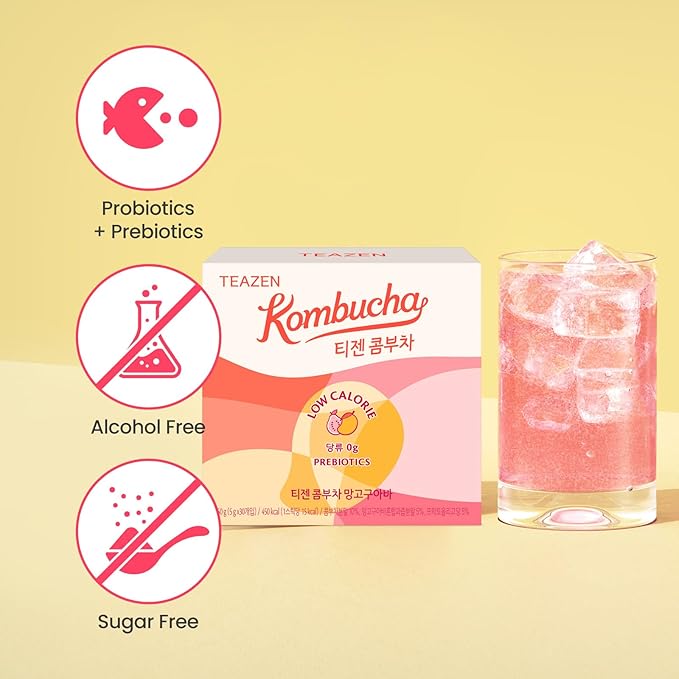 TEAZEN Mango Guava Kombucha Tea, Hydration Drink Mix, Sugar Free, Live Probiotics & Prebiotics, 30 Sticks, 5.29oz