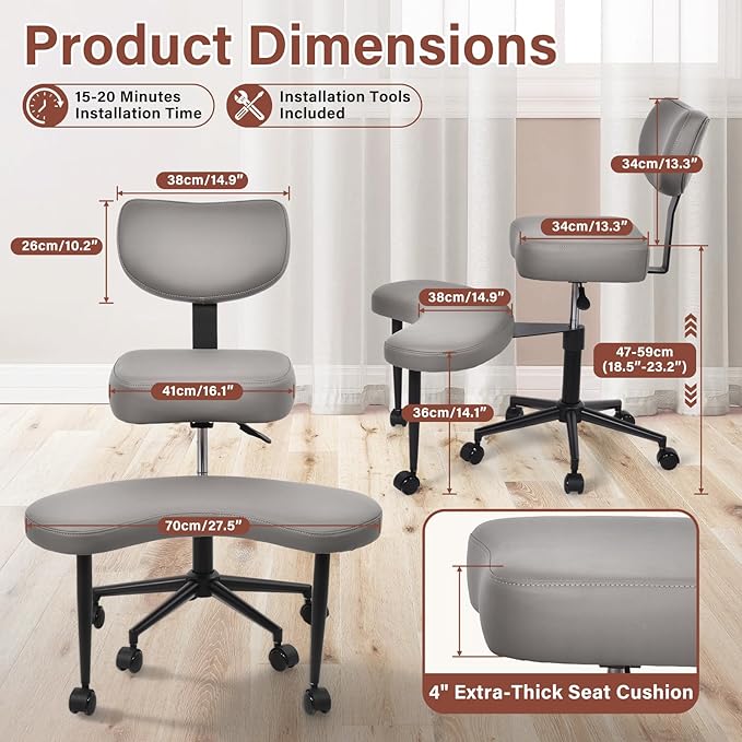 Meditation Chair Cross Legged ADHD Office Chair for Adults with Wheels Ergonomic Back Support and Leg Rest for Multi Position Criss Cross Sitting Kneeling and Yoga Height Adjustable, Leather Style