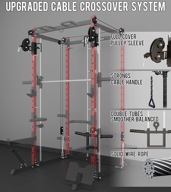 Eonfit E3 Smith Machine with 360°Rotating Arm for Home Gym Equipment, Multi-Function Power Cage Squat Rack with Cable Crossover LAT Pulldown Pulley System All in One