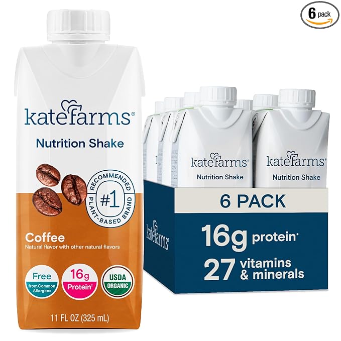 KATE FARMS Organic Nutrition Shake, Coffee, 16g protein, 27 Vitamins and Minerals, Protein Meal Replacement Drink, Plant Based, 11 oz (6 Pack)