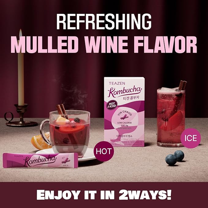 TEAZEN Mulled Wine Kombucha Tea, Spice Tea, Live Probiotics & Postbiotics, Relaxation and Warmth for Colds and Sore Throat, Electrolyte & Hydration Drink Mix, Sugar Free, 10 Sticks, 1.76oz