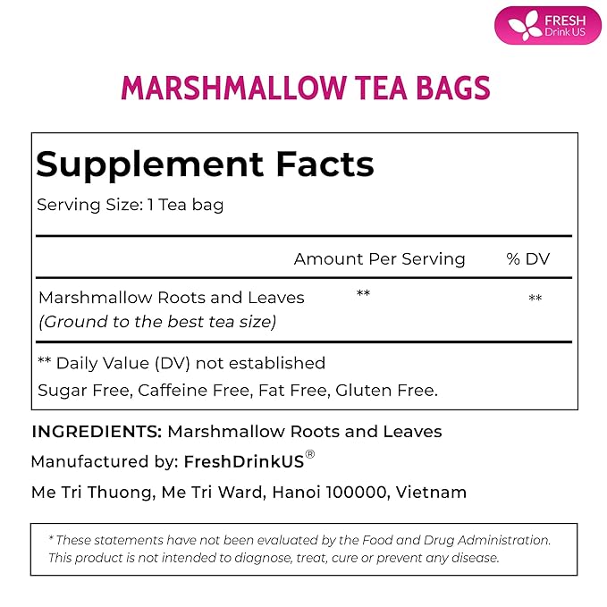 FreshDrinkUS, Premium 55 Marshmallow Root and Leaf Tea Bags, 100% Natural & Pure. Loose Leaf Marshmallow Herbal Tea. Made with Eco-Conscious Tea Bags. No Sugar, No Caffeine, No Gluten, Vegan.