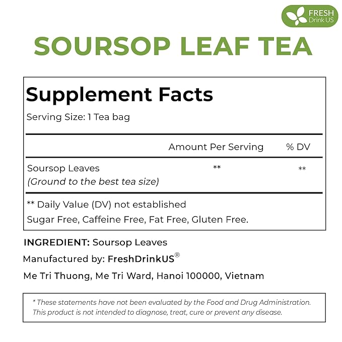 FreshDrinkUS, 60 Premium - The Top Soursop Graviola Leaf Tea Bags, 100% Pure & Natural from Soursop Leaves, Handmade, Made With Natural Materials-Corn Fiber Tea Bag, Sugar/Caffeine/Gluten Free, Hoja Guanabana Tea