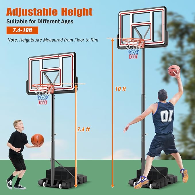 Giantex Portable Basketball Hoop Outdoor - 7.4-10 FT Height Adjustable Basketball Goal System w/ 44 Inch Shatterproof PC Backboard, Fillable Base, Basketball Hoop Indoor for Adults, Backyard, Driveway