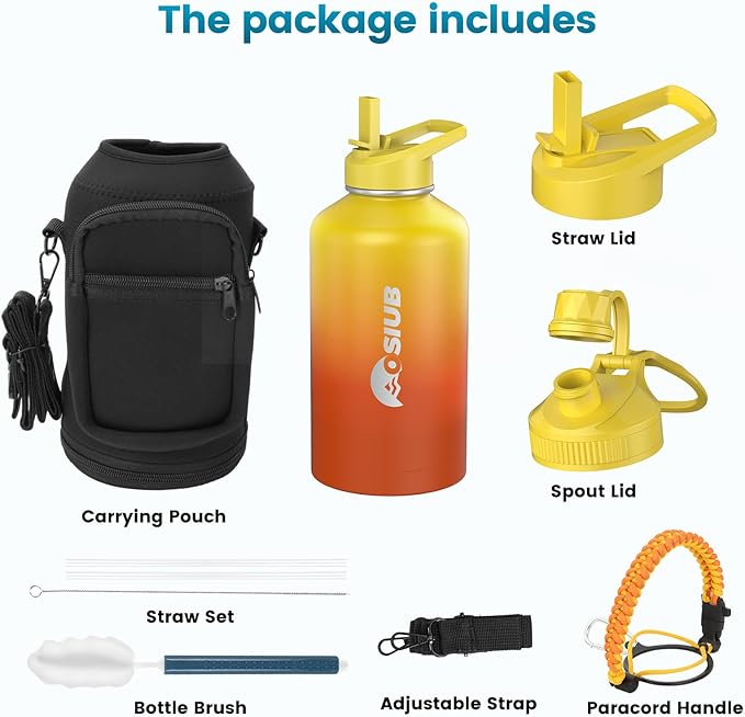 Insulated Water Bottle 128 oz, Triple Wall Vacuum Stainless Steel(Cold for 48 Hrs),Leak Proof & BPA-Free,One Gallon Water Bottle with Reflective Paracord & Flip Straw for Sports & Travel, Sunset