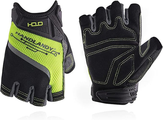 HANDLANDY Fingerless Work Gloves for Men Utility Padded Half Finger Driving Working Gloves (XXL, Green)