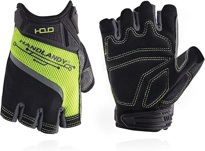 HANDLANDY Fingerless Work Gloves for Men and Women Utility Padded Half Finger Driving Working Gloves (XL, Green)