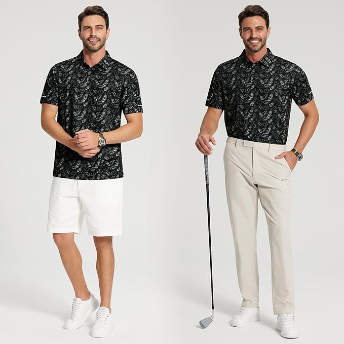 Golf Shirts for Men - Moisture Wicking Short Sleeve Performance Sport Casual Striped Collared Mens Polo Shirt